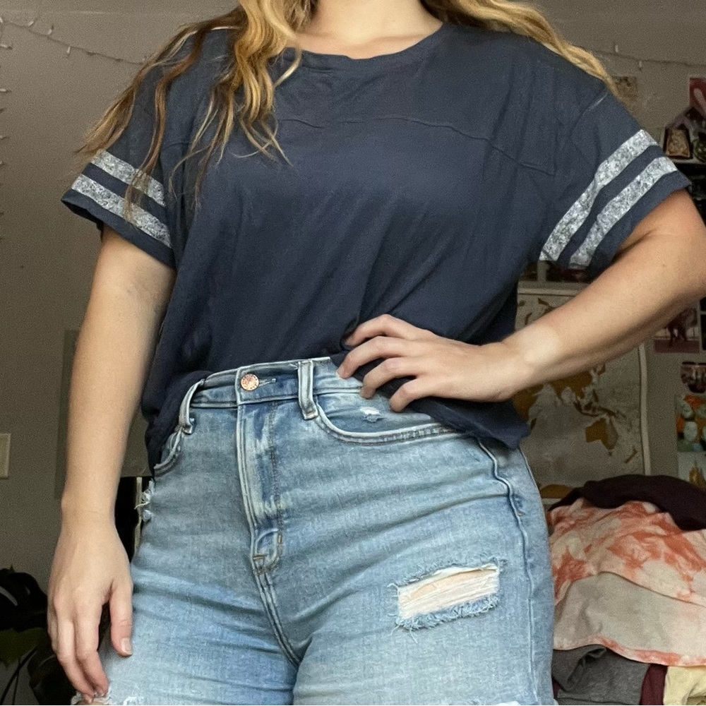 Dark Blue Striped Sleeve Tee